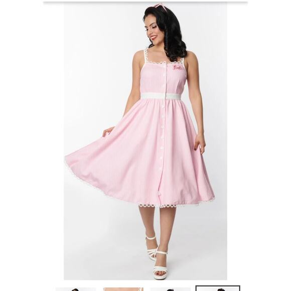 Unique Vintage X Barbie Pink Stripe 1950s Swing Dress Sz 1X NWOT #19 - Picture 3 of 16